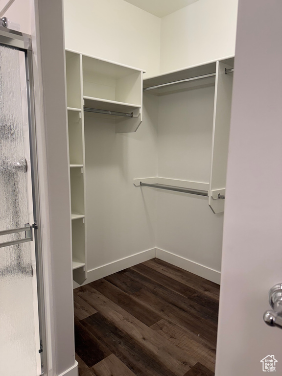Spacious closet with dark wood-style floors