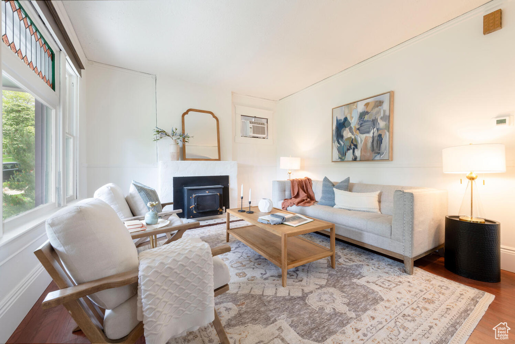 Living room with healthy amount of natural light, wood finished floors, an AC wall unit, and a wood stove