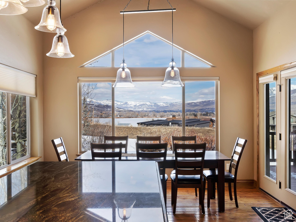 Dining room with wood finished floors and a towering ceiling