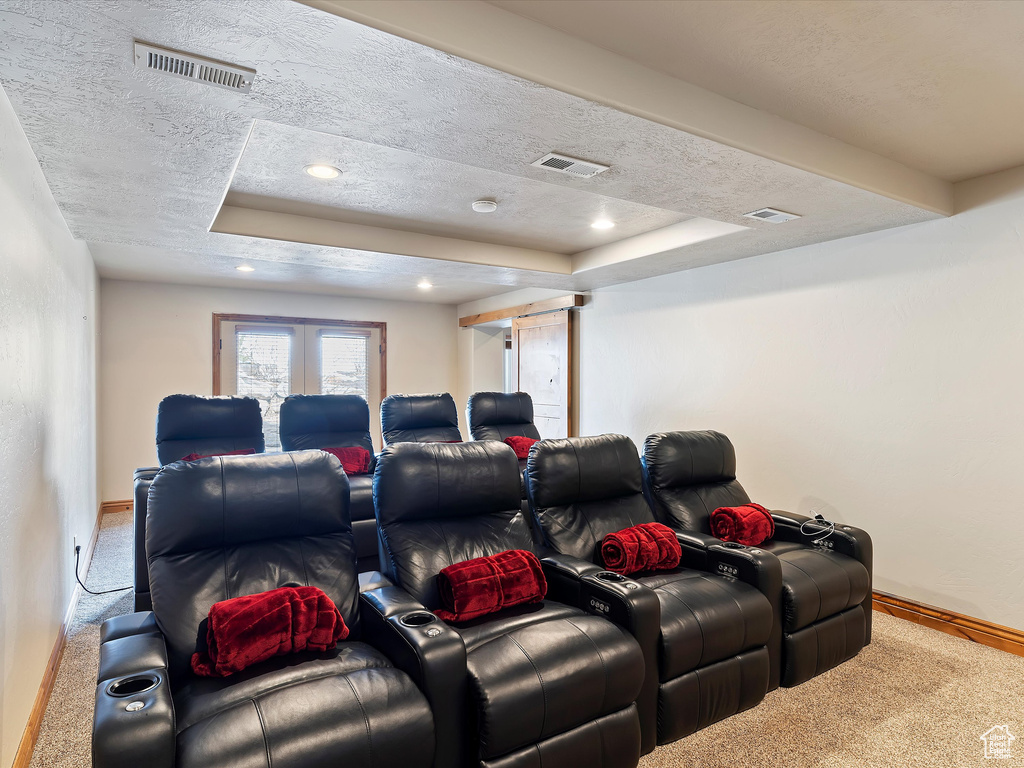 Cinema room featuring a tray ceiling, carpet floors, and visible vents