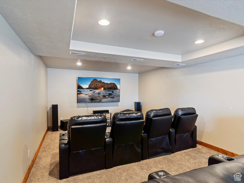 Carpeted home theater room featuring a raised ceiling, baseboards, visible vents, and a textured ceiling