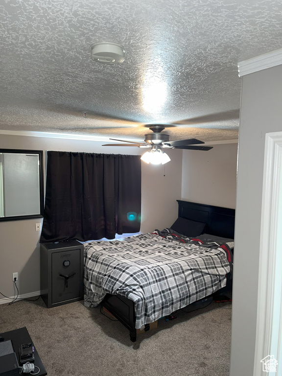 Carpeted bedroom featuring a textured ceiling
