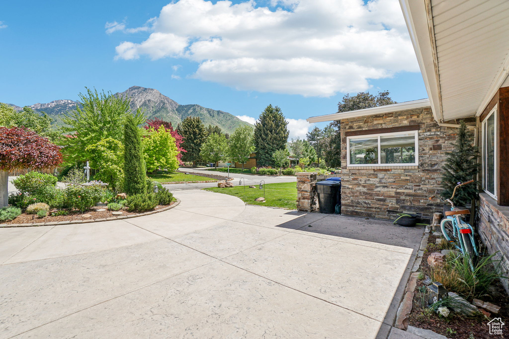 View of patio with a mountain view