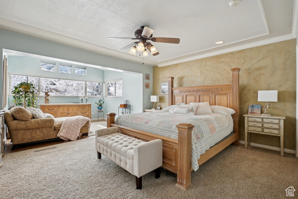 Bedroom featuring carpet flooring, a ceiling fan, and baseboards