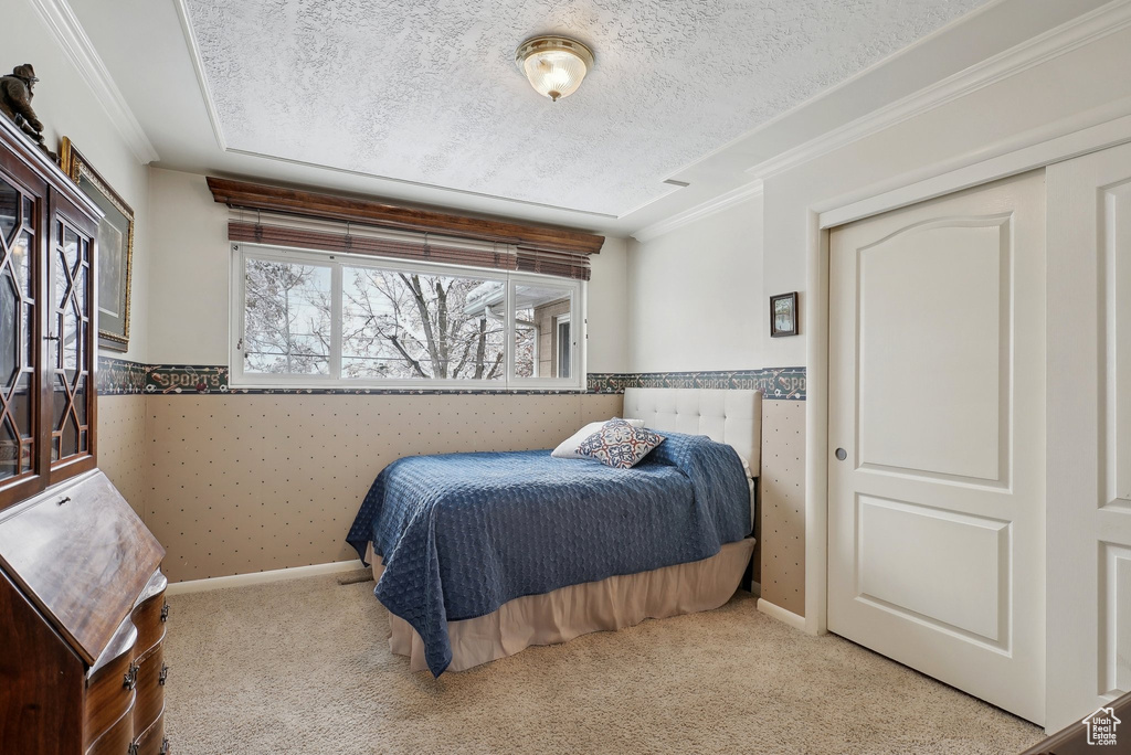 Carpeted bedroom with a textured ceiling, ornamental molding, and a wainscoted wall