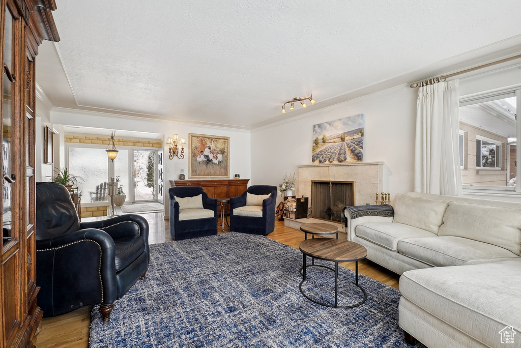 Living area with wood finished floors, crown molding, and a tiled fireplace