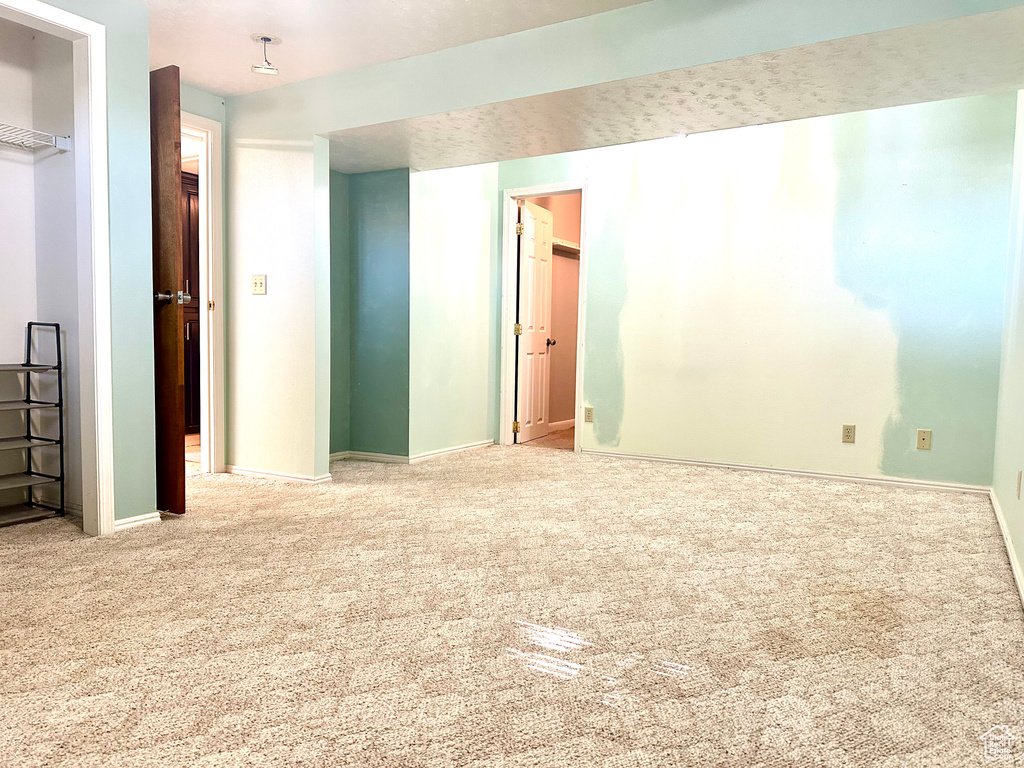 Unfurnished bedroom featuring a spacious closet, carpet flooring, a closet, and baseboards