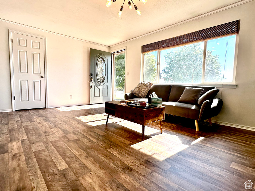 Living area featuring wood finished floors, crown molding, baseboards, and a chandelier