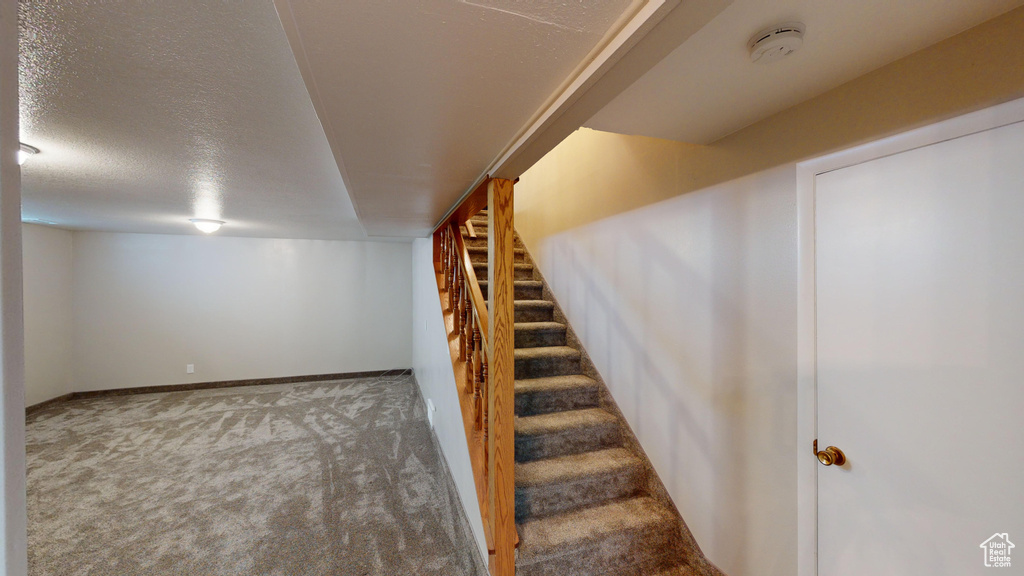 Finished basement with carpet flooring, stairway, a textured ceiling, and baseboards