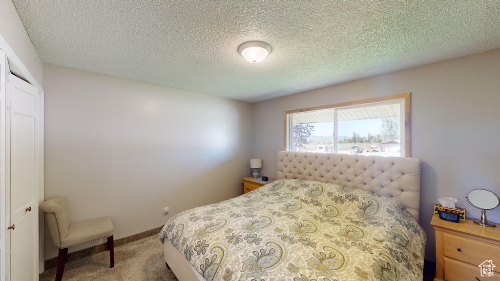 Carpeted bedroom with baseboards and a textured ceiling