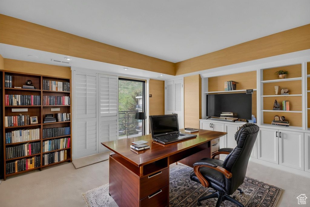 Office area featuring light carpet