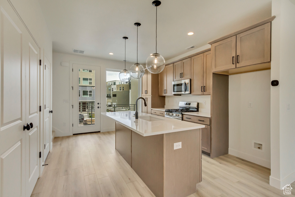 Kitchen featuring a sink, a kitchen island with sink, light wood-type flooring, appliances with stainless steel finishes, and recessed lighting