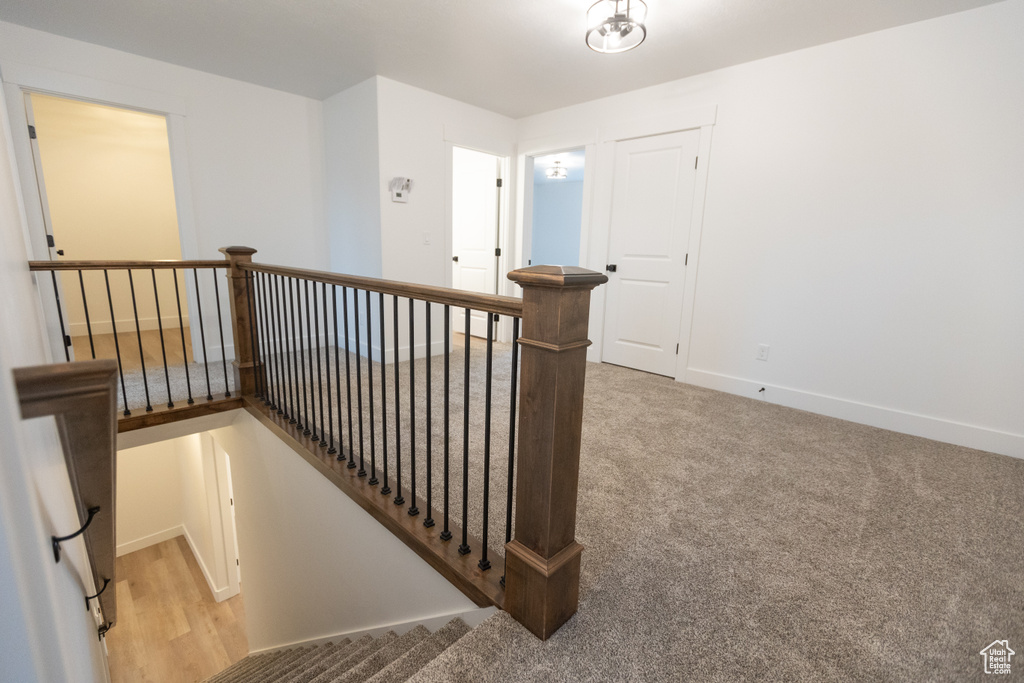 Interior space with an upstairs landing, baseboards, and carpet