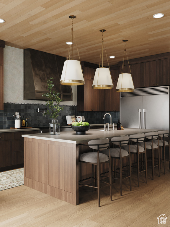 Kitchen featuring modern cabinets, light wood-type flooring, a kitchen bar, decorative backsplash, and wooden ceiling
