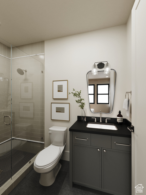 Full bathroom with vanity and a shower stall