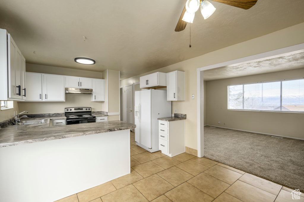 Kitchen with under cabinet range hood, light colored carpet, electric stove, white fridge with ice dispenser, and a sink
