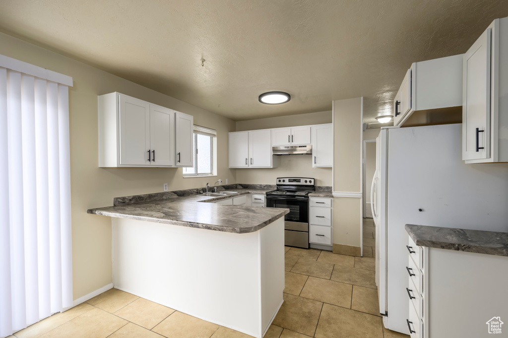 Kitchen with under cabinet range hood, a sink, stainless steel electric stove, white cabinetry, and a peninsula