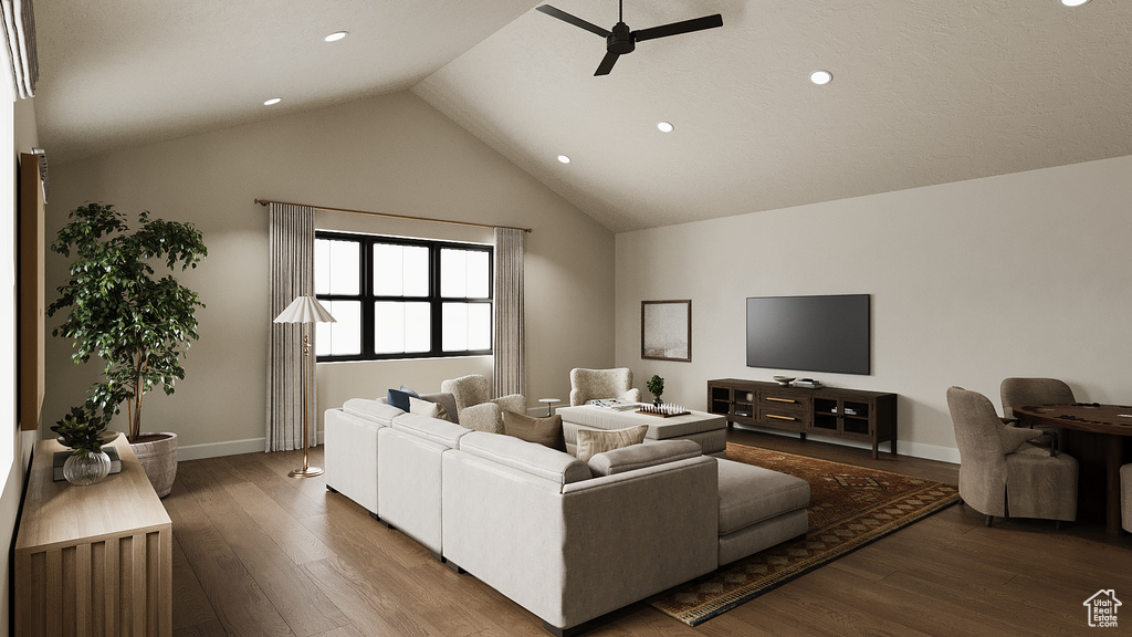 Living area with a ceiling fan, wood finished floors, recessed lighting, and high vaulted ceiling