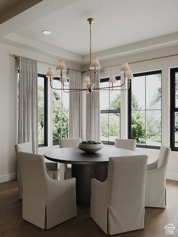 Dining space featuring a chandelier, a tray ceiling, wood finished floors, and recessed lighting