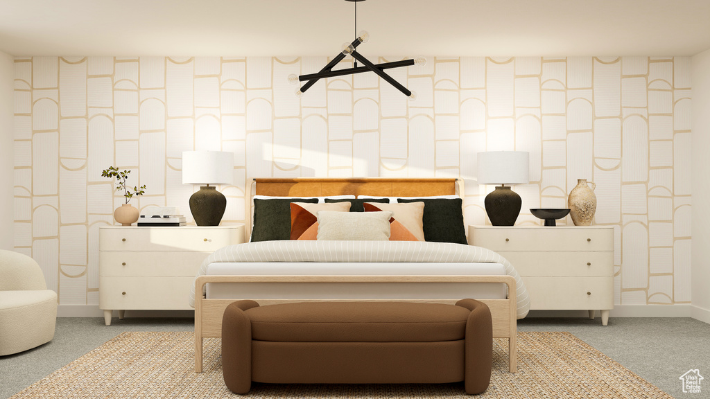 Bedroom with wallpapered walls, carpet, and baseboards