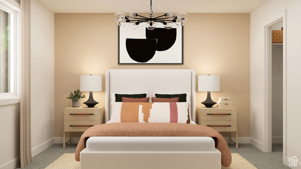 Bedroom with light colored carpet, baseboards, and a chandelier
