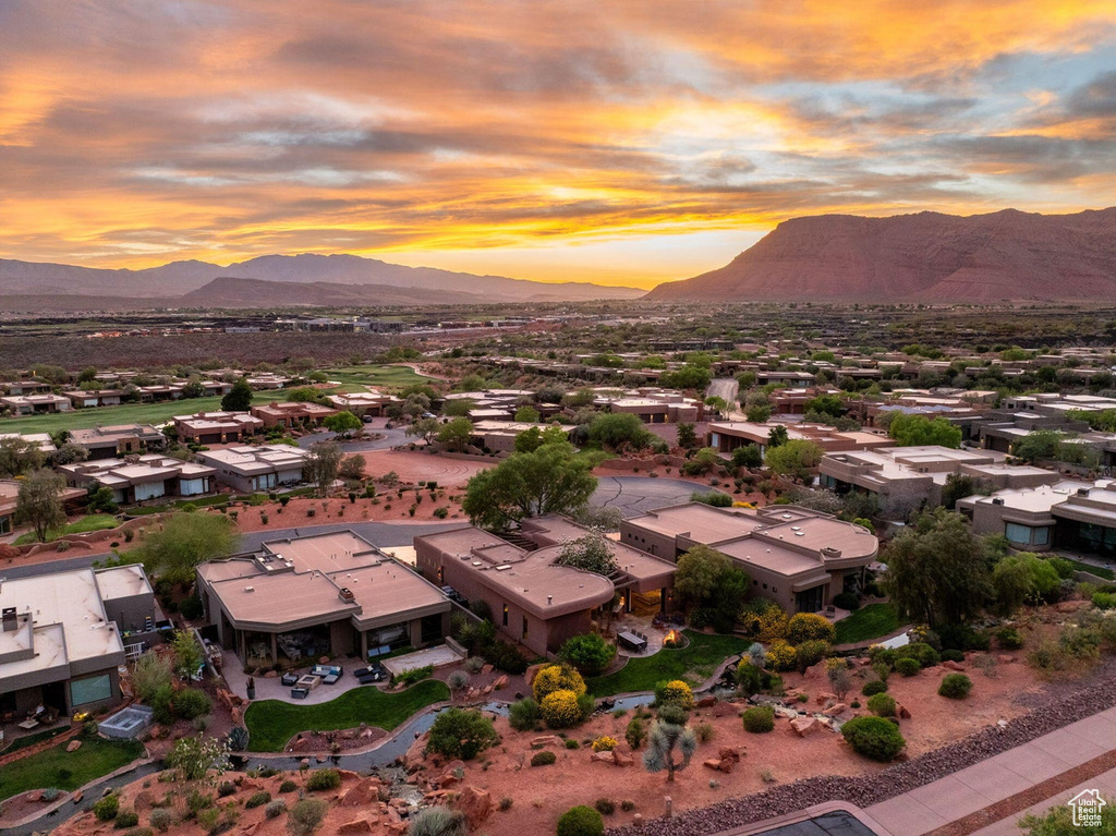 Aerial view at dusk of a mountain view and a residential view