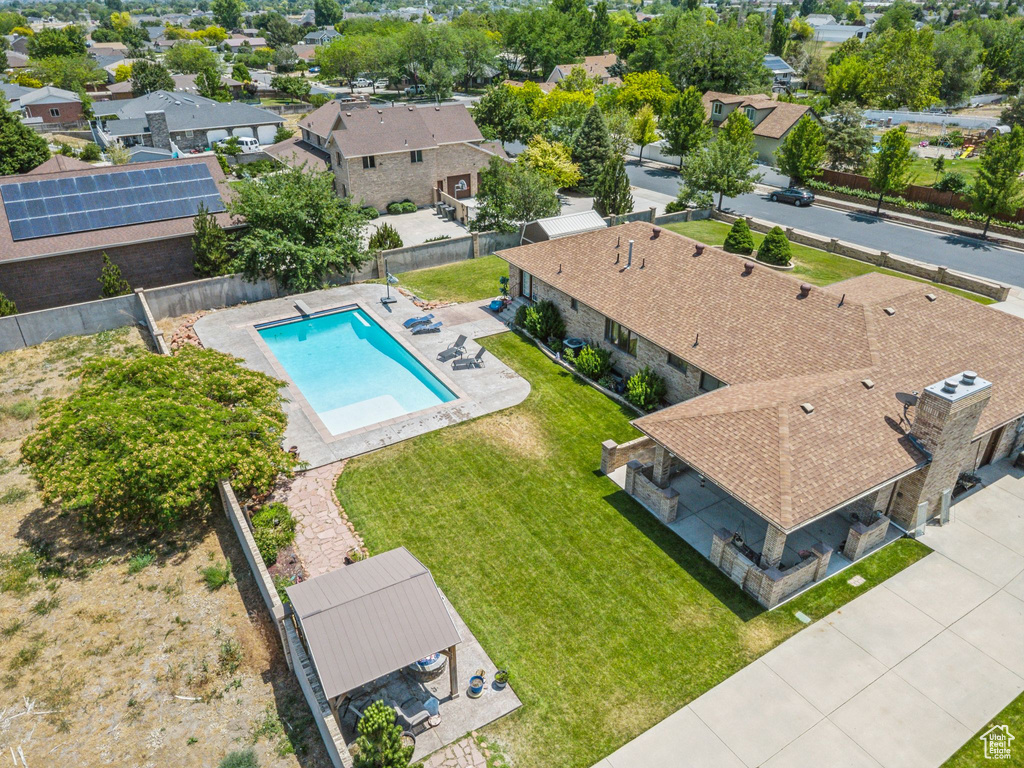 Aerial view of residential area with a pool area