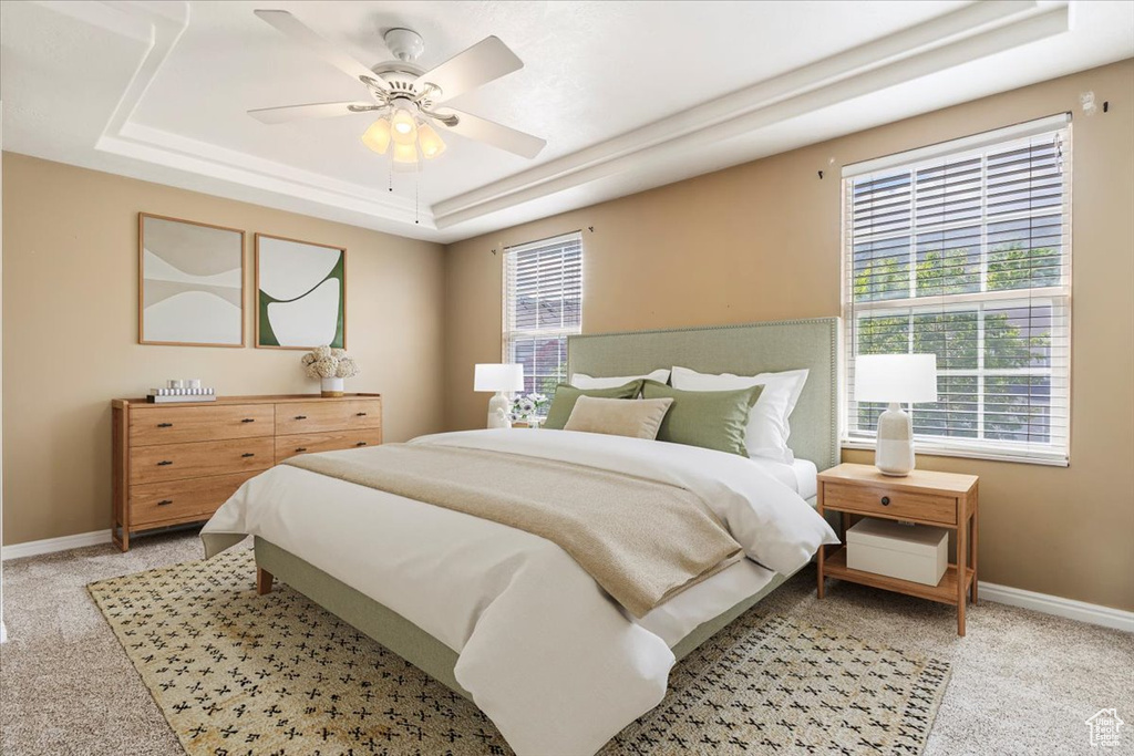 Bedroom with a raised ceiling, light colored carpet, multiple windows, and baseboards