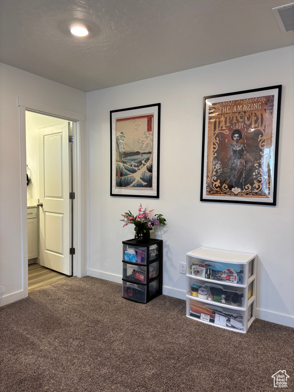Interior space with visible vents, baseboards, and carpet
