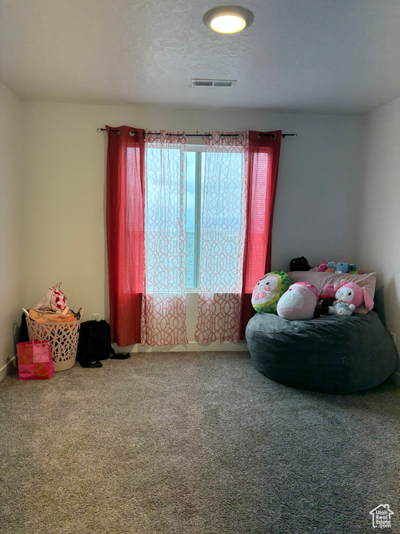 Sitting room featuring carpet flooring, baseboards, and visible vents