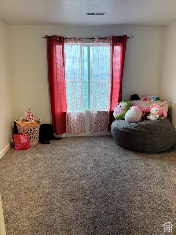 Interior space with carpet, visible vents, and baseboards