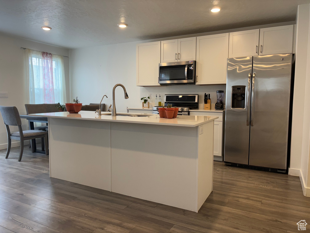 Kitchen featuring a sink, white cabinetry, stainless steel appliances, light countertops, and dark wood-style flooring