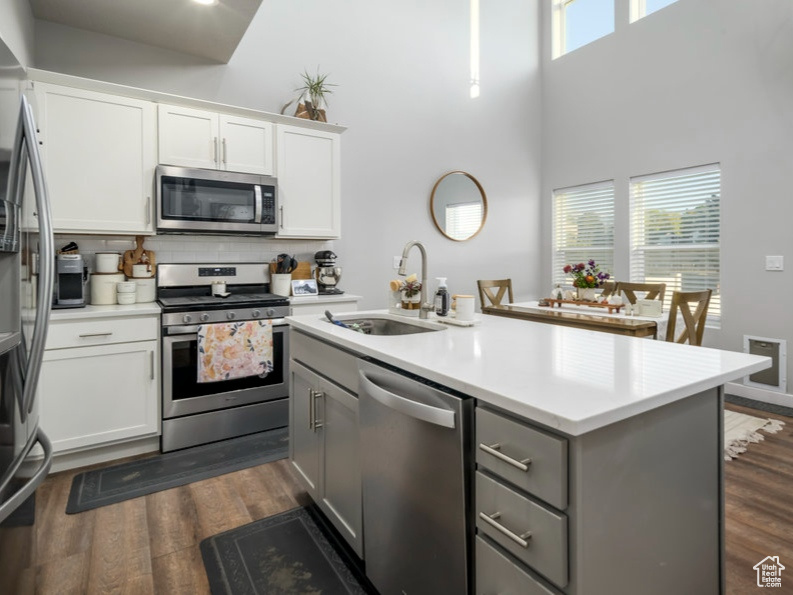 Kitchen with a sink, gray cabinetry, light countertops, stainless steel appliances, and dark wood-style flooring