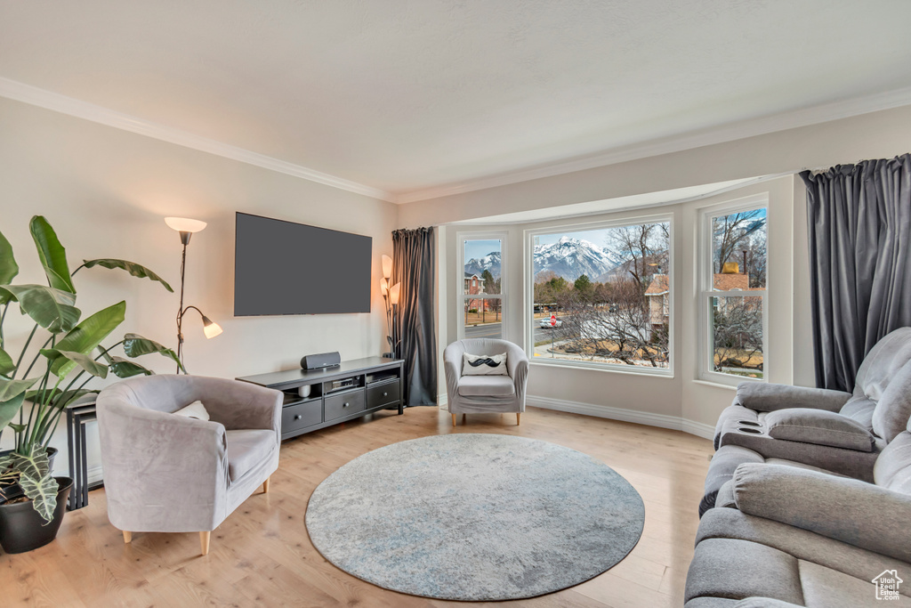 Living room featuring baseboards, ornamental molding, and light wood finished floors