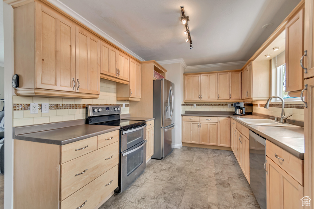 Kitchen featuring light brown cabinets, a sink, decorative backsplash, stainless steel appliances, and crown molding