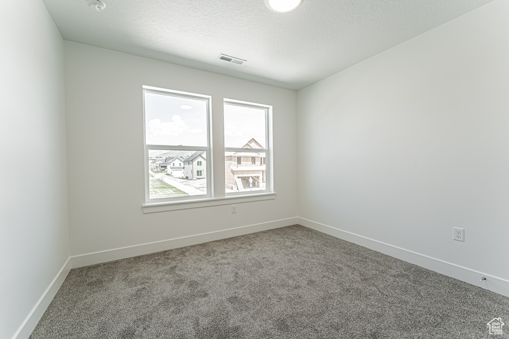 Empty room featuring carpet flooring and a textured ceiling
