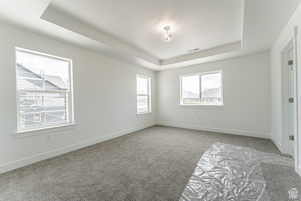 Unfurnished bedroom with a tray ceiling and carpet flooring