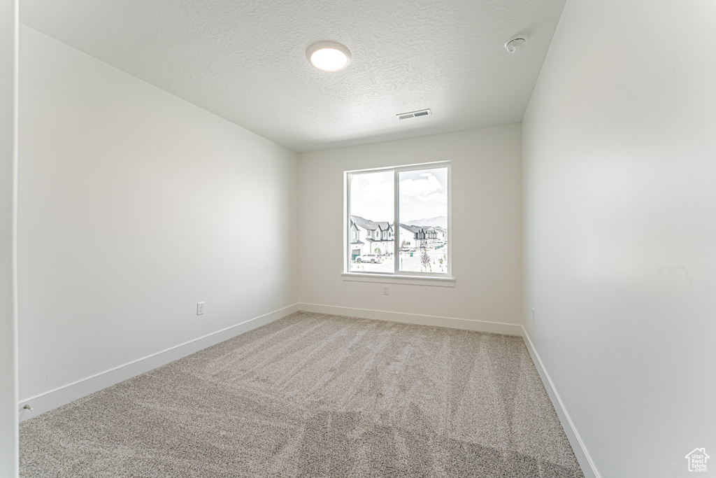 Empty room with a textured ceiling, light colored carpet, and a smoke detector