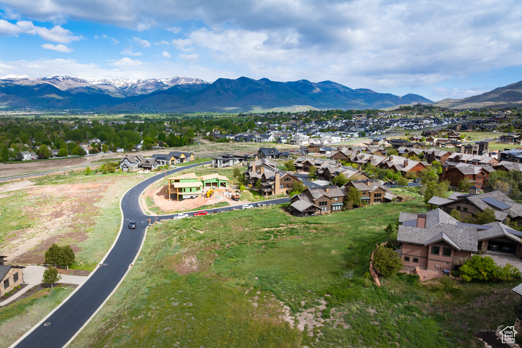 Aerial view of residential area with mountains
