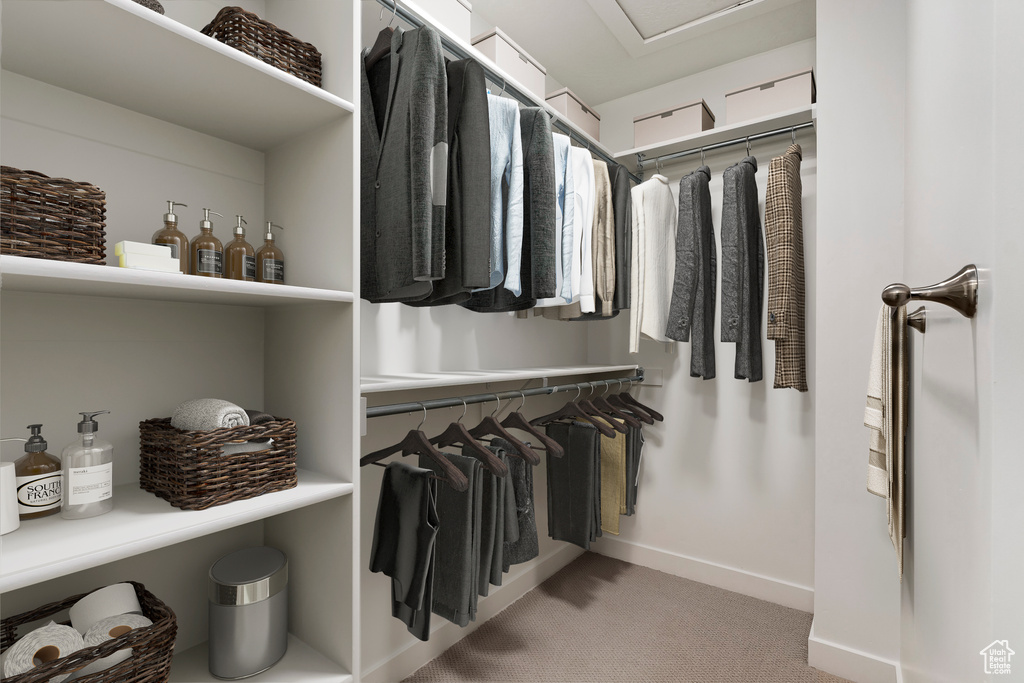 Walk in closet with light colored carpet