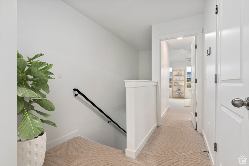 Hall with an upstairs landing, light carpet, and baseboards