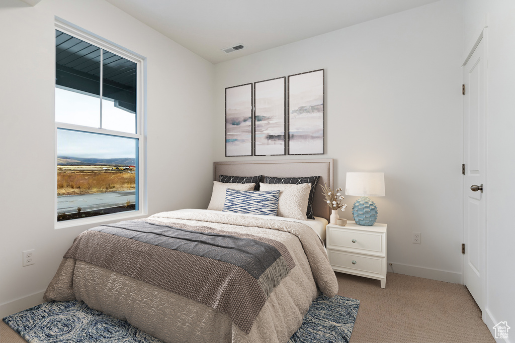 Carpeted bedroom with baseboards and visible vents