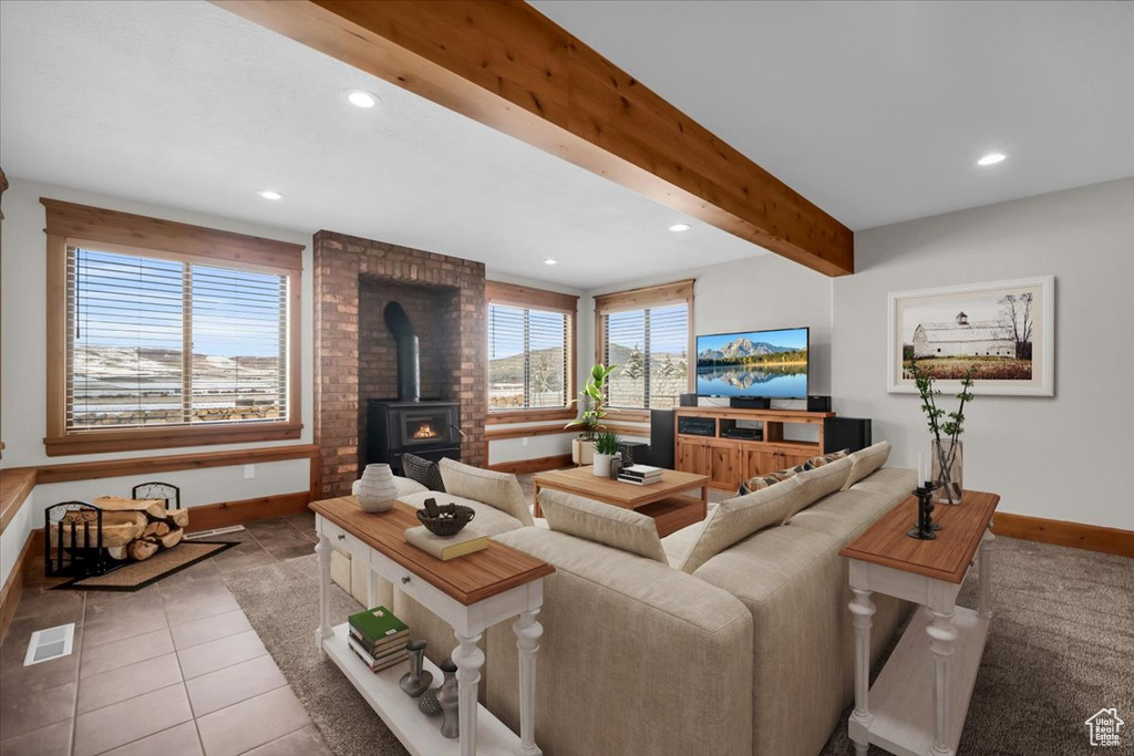 Living room featuring a wood stove, baseboards, visible vents, and recessed lighting