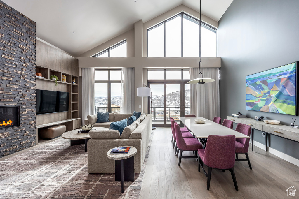 Living room featuring a fireplace, wood finished floors, and high vaulted ceiling