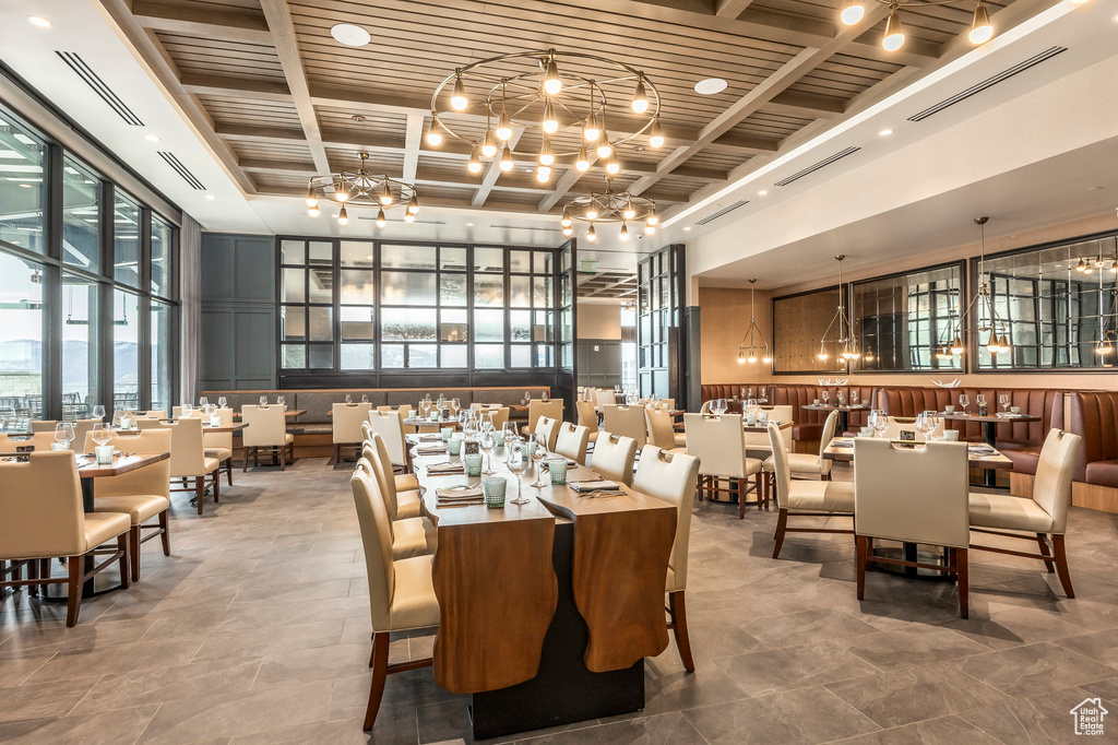 Dining area with visible vents, beam ceiling, coffered ceiling, and wooden ceiling