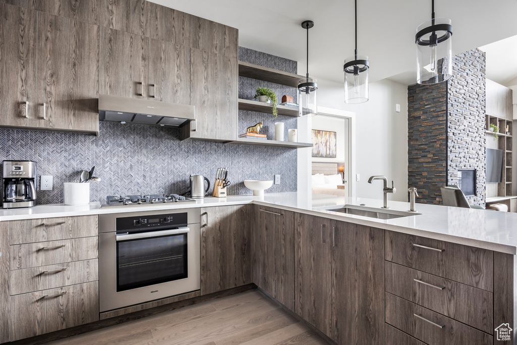 Kitchen with under cabinet range hood, appliances with stainless steel finishes, modern cabinets, and a sink