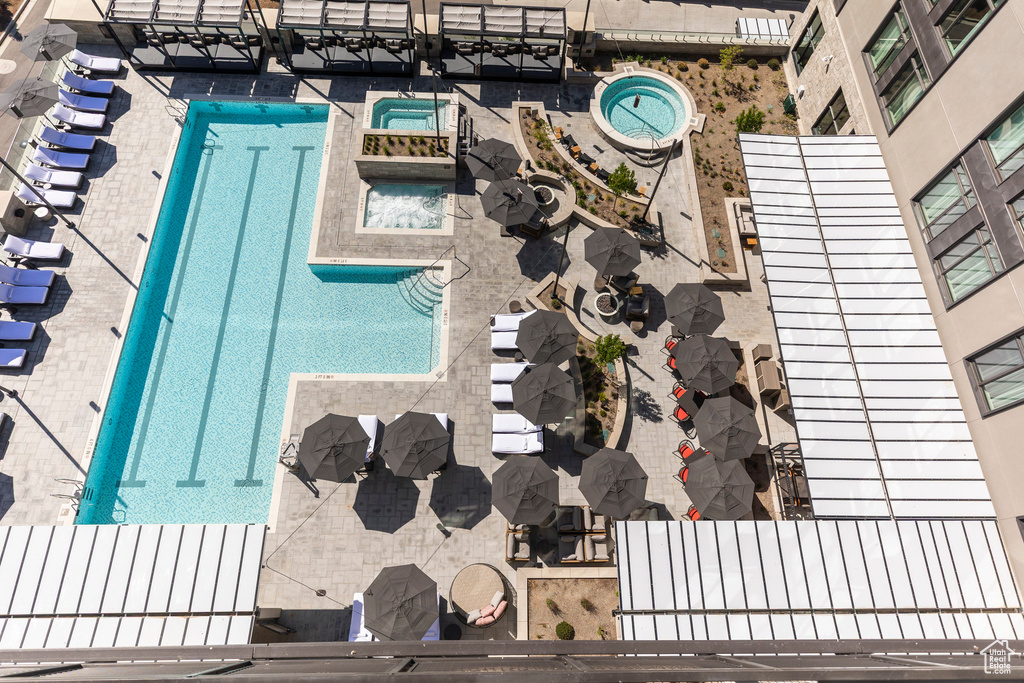 Bird\'s eye view of a pool area