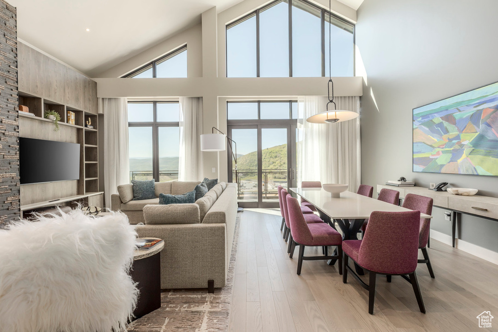 Living area featuring high vaulted ceiling, light wood-type flooring, and built in shelves