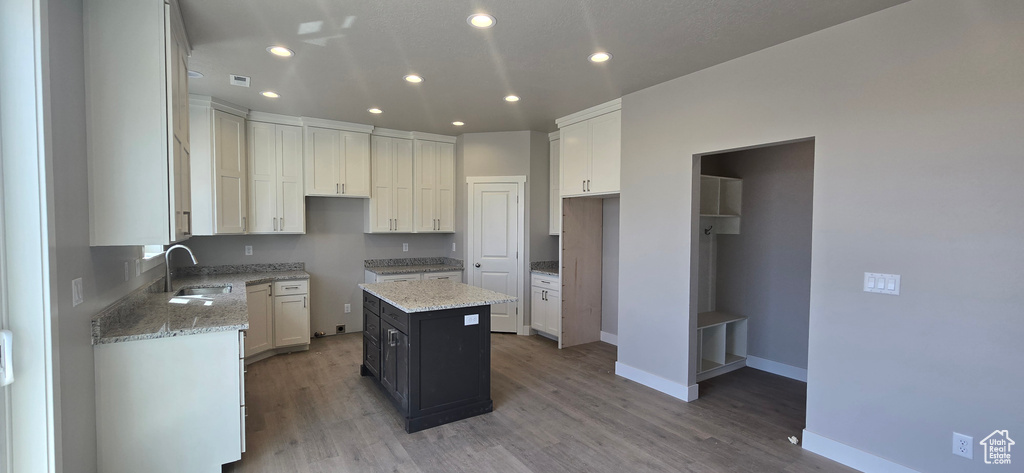 Kitchen featuring recessed lighting, light stone counters, light wood-style flooring, and a sink