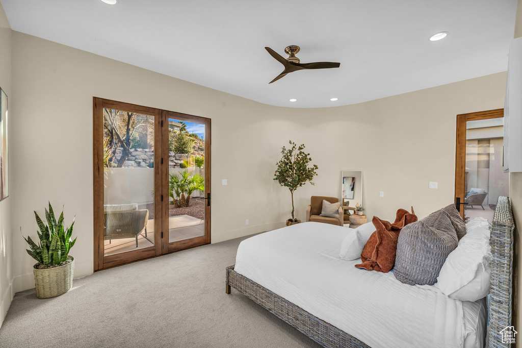Carpeted bedroom featuring recessed lighting, french doors, ceiling fan, and access to outside